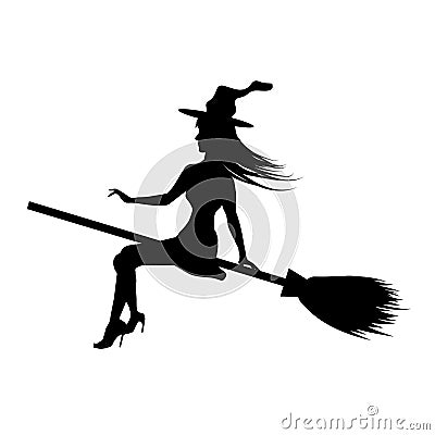 Silhouette young witch flying to broom isolated on white background. Vector Vector Illustration