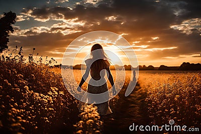 Silhouetted Young Woman Walks Into Beautiful Sunset Stock Photo