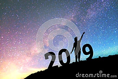 Silhouette young woman Happy for 2019 new year background on th Stock Photo