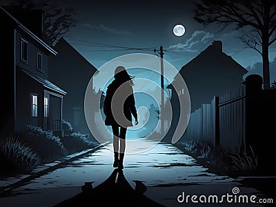 Silhouette of a young woman walking home alone at night Stock Photo