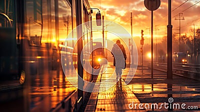 Silhouette of a young woman walking on the platform of a train station at sunset Stock Photo