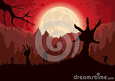 Silhouette Zombie arm out from ground of grave in a full moon night. Vector Illustration