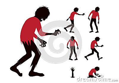 Silhouette zombie with red shirt full body difference action in collection Vector Illustration