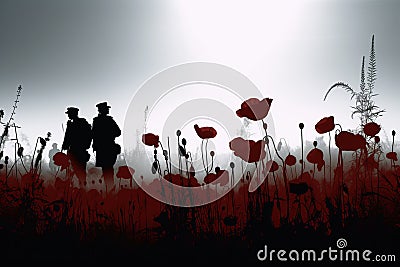 Silhouetted ANZAC Soldiers Among Red Poppies in the Mist. Generative AI Stock Photo