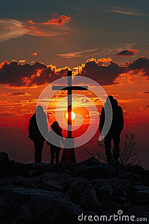 Silhouetted family at sunset with a cross on a rocky hill. Stock Photo