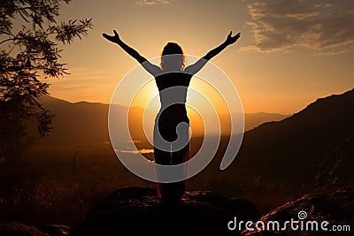 Silhouetted figure extends arms, embracing the grandeur of the moment Stock Photo