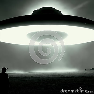 a silhouetted figure like a bright glowing UFO flying over the sky illustration Cartoon Illustration