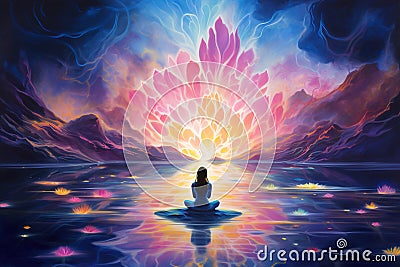 Silhouetted figure before a vibrant, cosmic lotus sunrise. AI Generated Stock Photo