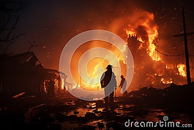 Silhouetted firemen confront raging inferno, burning debris Stock Photo