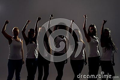 Silhouetted group of diverse women raised their arms, fists while standing over grey background. Diversity, womens Stock Photo