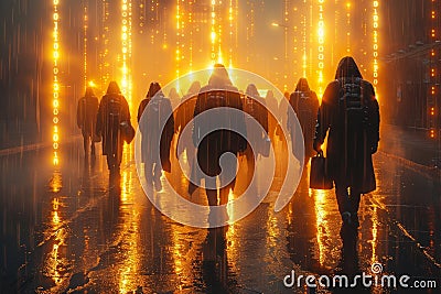 Silhouetted hacker team in hoodies with laptops against a binary code cyber attack background Stock Photo