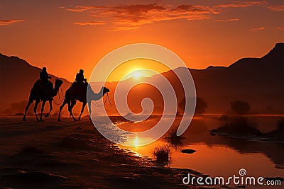 Silhouetted Indian cameleer and camels in the desert during sunset Stock Photo