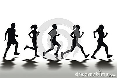 Silhouetted male and female runners running on white background illustration. Cartoon Illustration