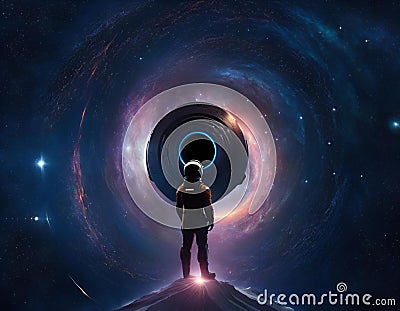 A silhouetted male figure is standing in a night sky, illuminated by a galaxy of stars and a dark Cartoon Illustration