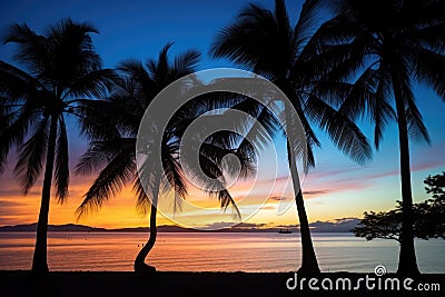 silhouetted palm trees against twilight beach sky Stock Photo