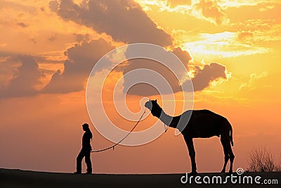 Silhouetted person with a camel at sunset, Thar desert near Jaisalmer, India Stock Photo
