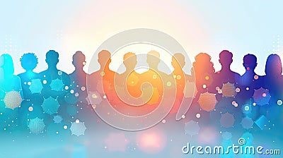 Silhouetted profiles of diverse people with a soft, glowing network pattern overlay. Stock Photo