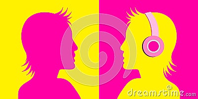 Silhouetted woman with and without headphones. Eighties retro party music background Vector Illustration