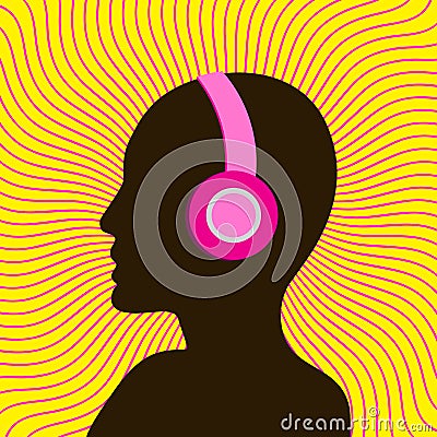 Silhouetted woman with headphones. Eighties retro party music background Vector Illustration