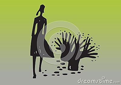 Silhouetted woman and tree Vector Illustration