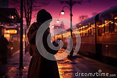 Silhouetted woman waits on platform, phone lit by passing train s glow Stock Photo