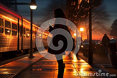 Silhouetted woman waits on platform, phone lit by passing train s glow Stock Photo