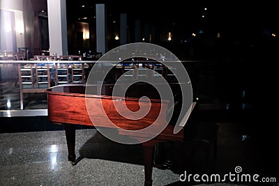 Silhouetted wooden grand piano in lounge hall Stock Photo