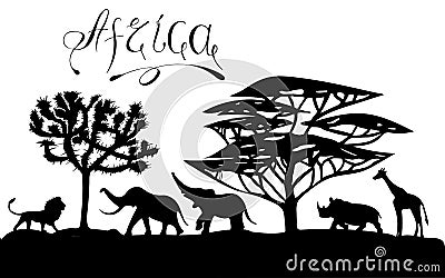 Silhouettes of African animals and plants, lettering. Print for design paper, fabric, interior. raster copy Vector Illustration