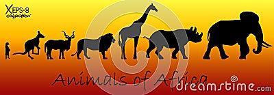 Silhouettes of animals of Africa: meerkat, kangaroo, kudu antelope, lion, giraffe, rhino, elephant Vector Illustration