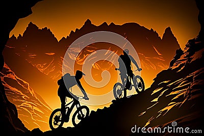 Silhouettes of Athletes Mountain Biking on a Trail with Mountain Range in the Background. AI Generated Stock Photo