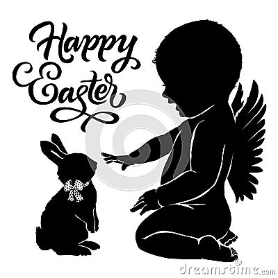 Silhouettes baby angel and bunny Happy Easter Vector Illustration