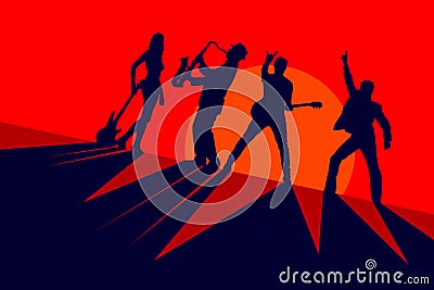 Silhouettes of a band of musicians on a red background Stock Photo