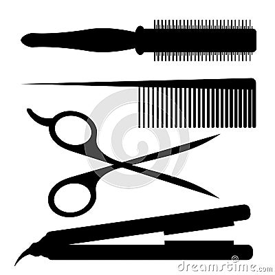 Silhouettes of barber tools: round comb, hairbrush, scissors and hair iron Vector Illustration