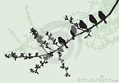 Silhouettes of birds sitting on a tree branch Vector Illustration