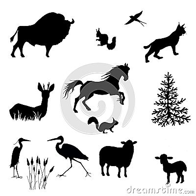 Silhouettes of bison, sheep, lamb, lynx, squirrel, herons, swallows, fallow deer, horse vector Stock Photo