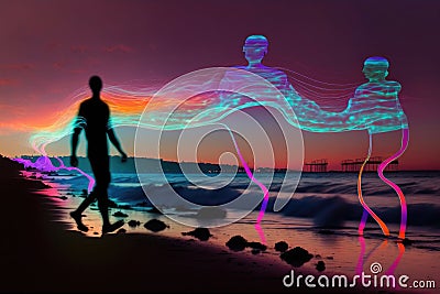 Silhouettes of blurred people at night, Psychedelic journey, near death experience - Generative AI Stock Photo