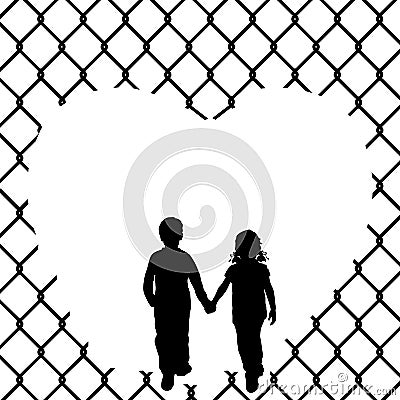 Silhouettes boy and girl holding hand. World Refugee day. Vector Illustration