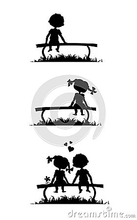 Silhouettes of boy and girl sitting on a bench Vector Illustration