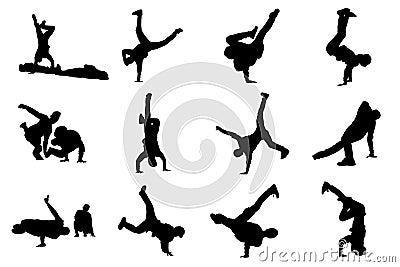 Silhouettes of breakdancers. Hip-hop male dancers vector silhouette isolated on white background Vector Illustration