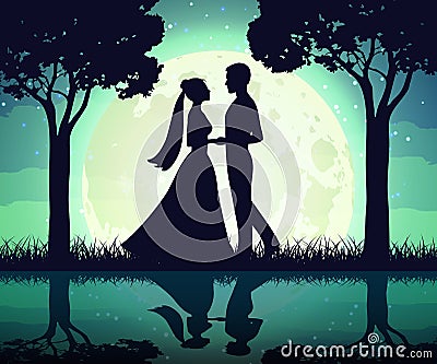 Silhouettes of the bride and groom on the moon background Vector Illustration