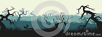 Silhouettes of broken trees and marsh grass. Swamp panorama. Horizontal image of old forest Vector Illustration