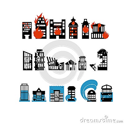 Silhouettes of buildings from natural disasters. Destruction of Vector Illustration
