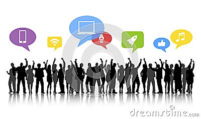 Silhouettes of Business People Arms Raised and Social Media Concepts Stock Photo