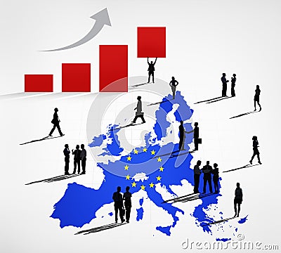 Silhouettes Of Business People On A Blue Cartography Of EU Stock Photo