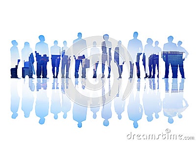 Silhouettes of Business People Facing a Cityscape Stock Photo