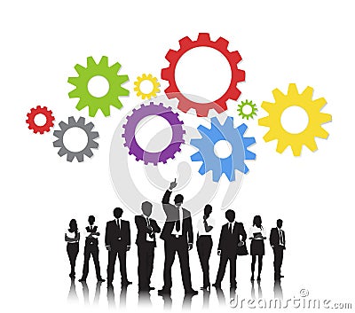 Silhouettes Business People Gears Team Support Concept Stock Photo