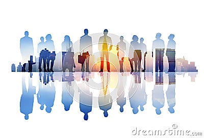 Silhouettes of Business People Overlaid with Cityscape Stock Photo