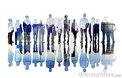 Silhouettes of Business People Overlayed with Cityscape Stock Photo