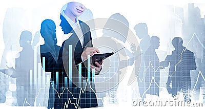 Silhouettes of business people who are working with documents. Businesswoman taking notes. Panoramic New York city view with Stock Photo