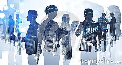 Silhouettes of business people working at corporate office in downtown. Work hard and business development concept. Double Stock Photo